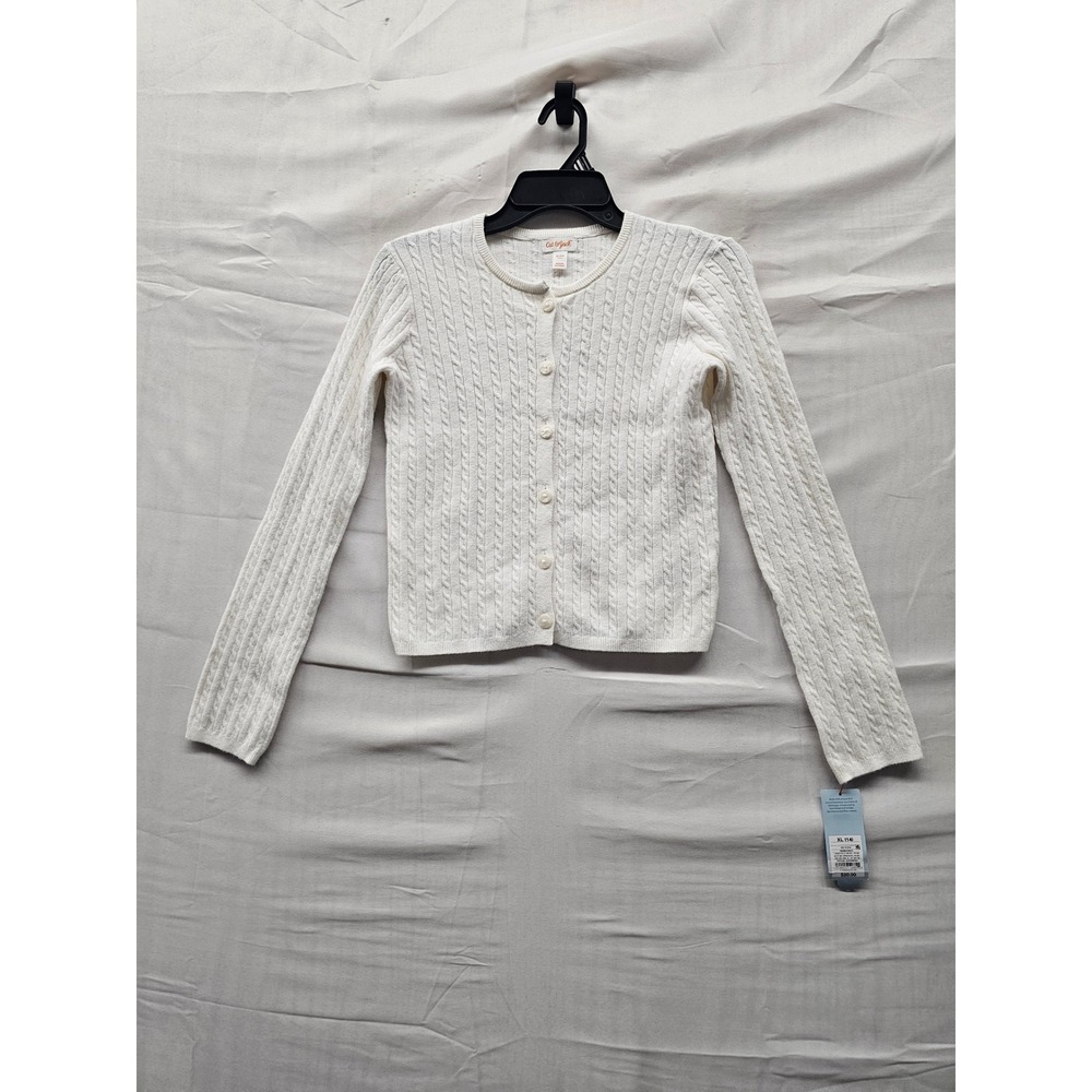 Cat & Jack Girls Cable Knit Cardigan Sweater Cream Cotton Blend Casual Size XL